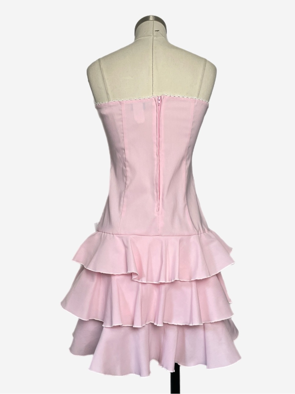 Vintage Y2K Luly K Pink strapless tiered ruffle mini dress lace bow coquette M - Picture 6 of 10